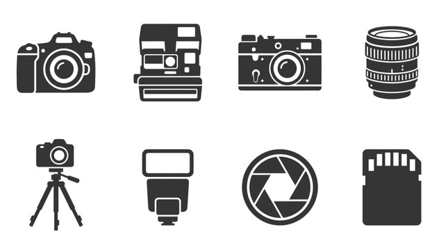 Photography equipment icons set, professional camera gear and digital accessories, 8 black vector silhouettes for studio and hobbyist use
