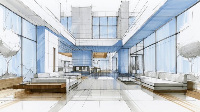 Modern hotel lobby interior with glass walls and seating areas