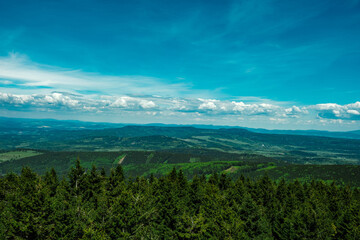 Fototapeta premium Panoramic view from a mountain overlooking a vast landscape of dense evergreen forest, rolling hills, and distant agricultural fields under a blue sky with clouds. Sudetes, Sudety.