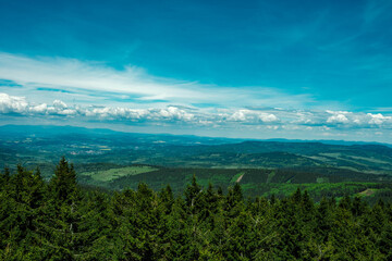 Fototapeta premium Panoramic view from a mountain overlooking a vast landscape of dense evergreen forest, rolling hills, and distant agricultural fields under a blue sky with clouds. Sudetes, Sudety.