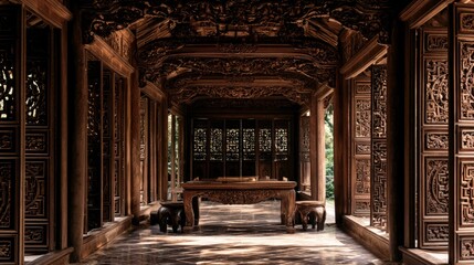 Fototapeta premium Intricate Traditional Wooden Chinese Pavilion Interior with Ornate Carvings and Floor Pattern