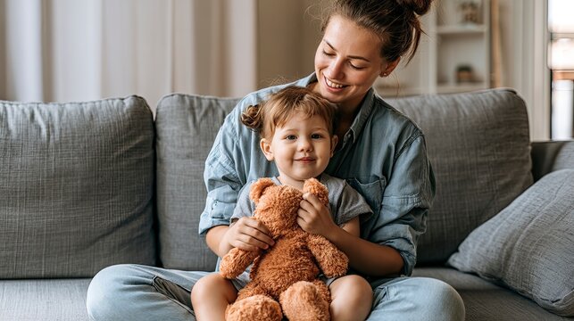 Joyful mother and daughter playing with teddy bear on sofa in cozy living room