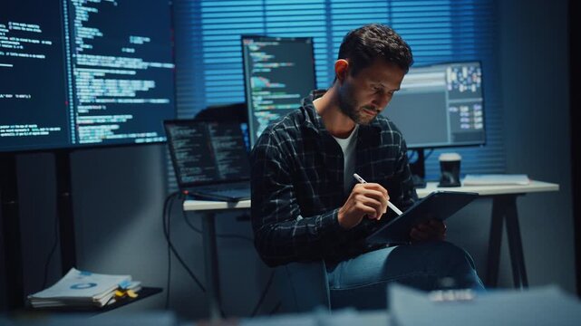 Young Caucasian male programmer use tablet for code design and plan in dark home office at night. AI technology, cybersecurity, software developer, freelance innovation, digital data network concept.