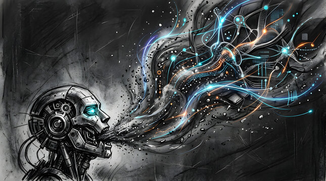 AI Robot Face Streaming Dust in charcoal sketch and digital painting style, representing AI latent space image generation, robot face streaming metallic dust and assembling sculpture.