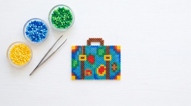 DIY Perler Bead Suitcase: Craft Process Flat Lay with Beads and Tweezers