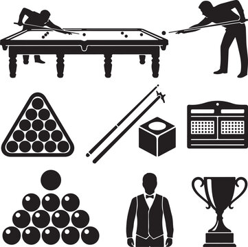 Billiards and snooker equipment icons set, professional pool player silhouettes, black and white sports vector elements for tournament branding