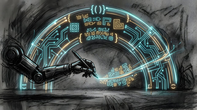 Autonomous Agent Writing Code in charcoal sketch and digital painting style, representing autonomous coding agents writing, reviewing, and deploying software code with minimal human input.