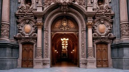 Fototapeta premium Ornate historic building entrance with elaborate stone carvings and large wooden doors