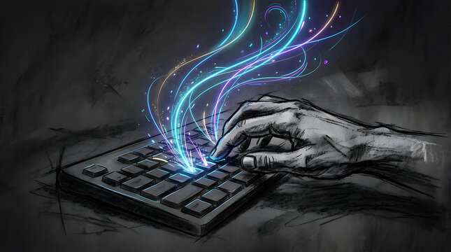 Charcoal Hand Typing On Keyboard in charcoal sketch and digital painting style, representing autonomous coding agents writing, reviewing, and deploying software code with minimal human input.