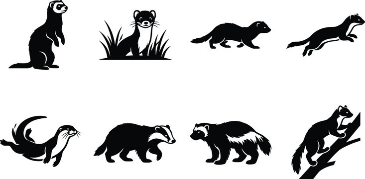 Mustelids and Weasel Family Animal Icons Set Otter Badger Ferret Skunk Vector Silhouettes