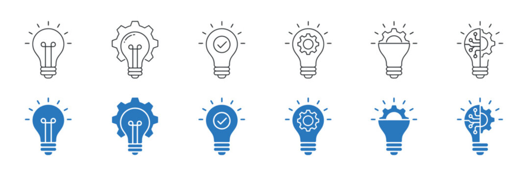 Light Bulb Icons With Gears And Checkmarks Line Style