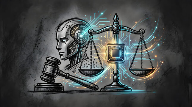 Gavel Robot Head Scales Justice in charcoal sketch and digital painting style, representing AI regulation, governance, policy frameworks, scales of justice, and legislative acts.