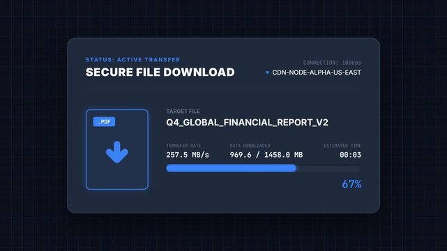 Secure file download animation, showing progress bar and status updates, on a dark background with grid pattern, symbolizing data transfer and cybersecurity for technology and business.