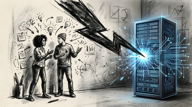 Human AI Brainstorming Session in charcoal sketch and digital painting style, representing human-AI collaboration, showing side-by-side teamwork, co-pilots, pair programming, and decision support.