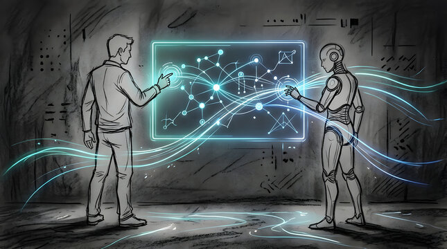 Human AI Teamwork Digital Screen in charcoal sketch and digital painting style, representing human-AI collaboration, showing side-by-side teamwork, co-pilots, pair programming, and decision support.