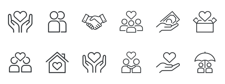 Charity and support line icons depicting care and community assistance