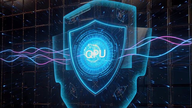 Cyber Security Shield Quantum Computing Technology, Digital Protection, Futuristic QPU Innovation, Data Streams, Advanced Security
