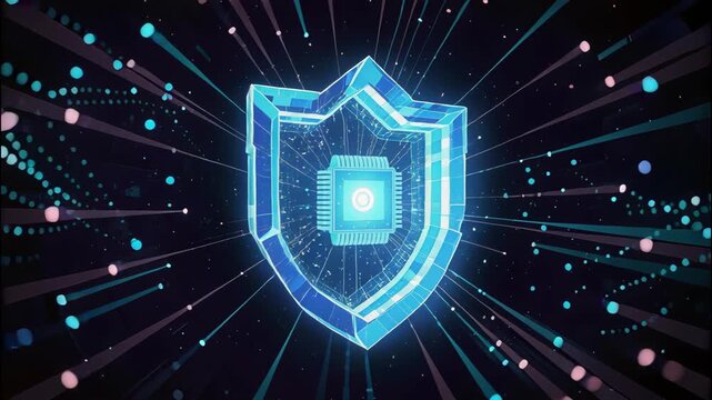 Abstract Digital Shield Glowing Neon Blue Cybersecurity Protection, Network Technology Innovation, Data Integrity, Futuristic Safety, Advanced