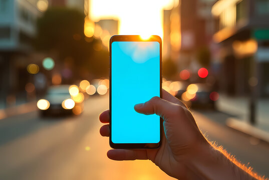 A hand holding a smartphone with a blue screen on a city street at sunset