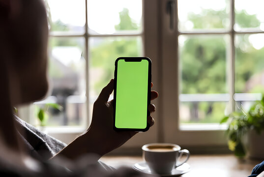 A woman sitting by a window, holding a smartphone with a green screen in her hand, with a cup of coffee nearby.