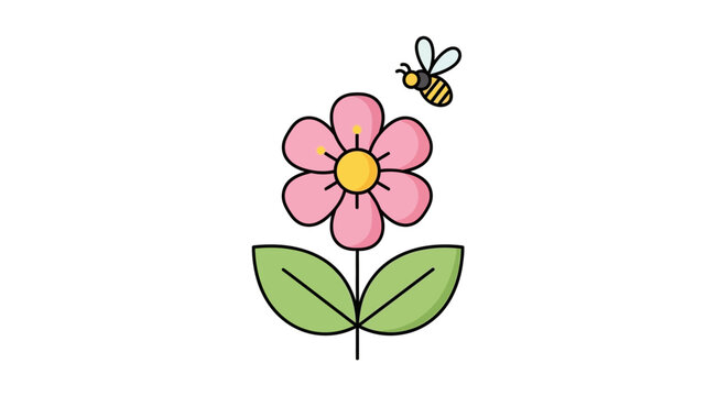 A simple vector illustration of a pink flower with a small flying bee