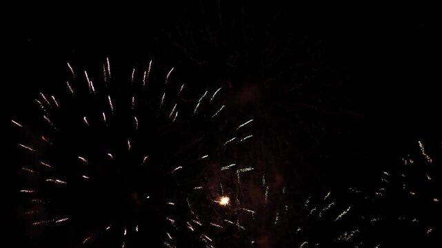 spectacular aerial fireworks illuminate the dark night sky, creating a dazzling display of red and gold colors as part of a festive new year's eve celebration, capturing.