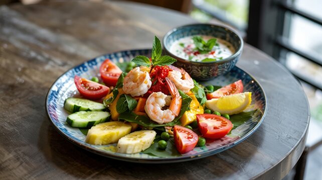 Indonesian cuisine. 
Capcay Udang is a popular vegetable salad with shrimps from Indonesian cuisine. It is served with a light sauce based on yogurt or coconut cream with herbs and olive oil.