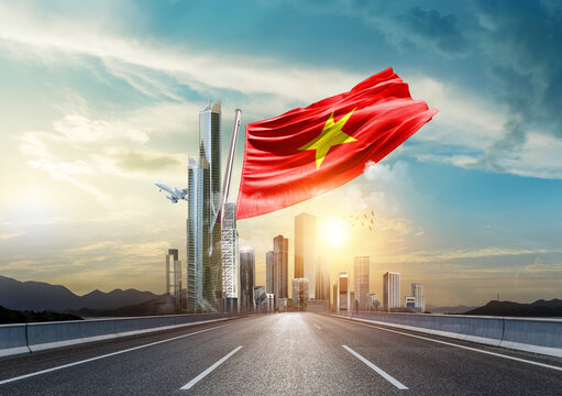 Vietnam national flag waving with modern and developed landscape.. Vietnam national flag for independence day.