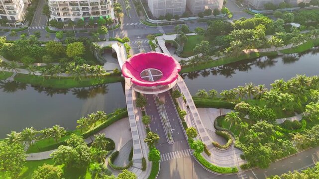Aerial Drone View of Giant Sala Flower Bridge in Sala Urban Area, Thu Duc City, Ho Chi Minh City, Vietnam at Golden Hour