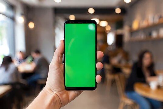 A hand holding a smartphone with a green screen in a blurred cafe background