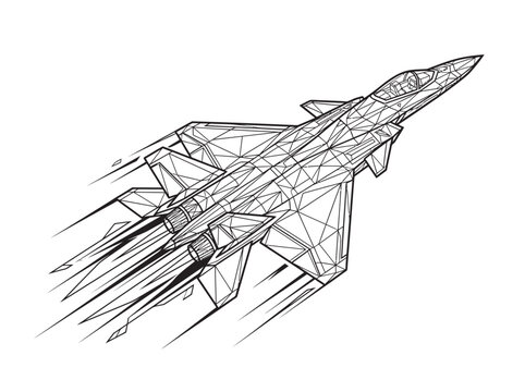 Futuristic technology fighter jet black silhouette vector illustration geometric wireframe design high tech aerospace concept dynamic motion trails