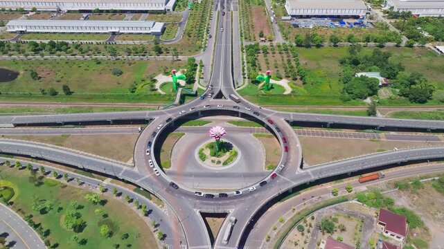 Drone View of THACO Chu Lai Roundabout with Lotus Sculpture in Quang Nam, Vietnam