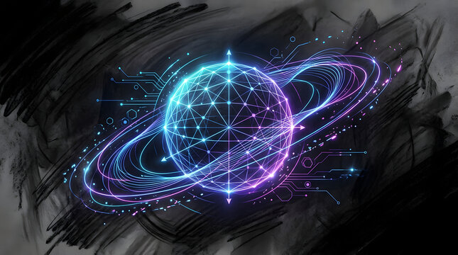 Quantum Computing Sphere Wave Lines in charcoal sketch and digital painting style, representing quantum computing supremacy, qubits, superposition wave lines, and advanced cryptography.