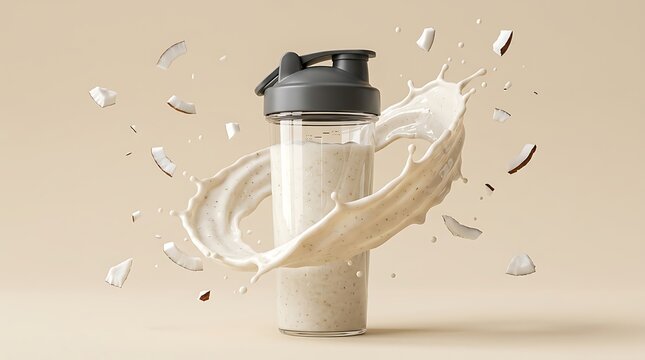 Coconut protein shake bottle with splashing milk swirl and flying coconut pieces