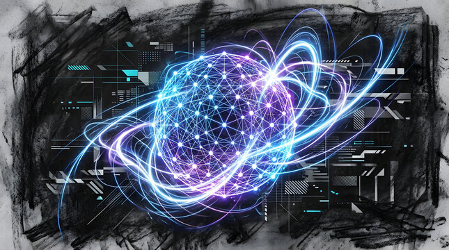 Quantum Supremacy Geometric Qubi in charcoal sketch and digital painting style, representing quantum computing supremacy, qubits, superposition wave lines, and advanced cryptography.