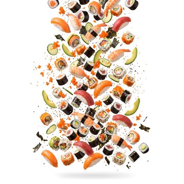 Assorted Japanese Sushi Falling Through Air Isolated on White Background