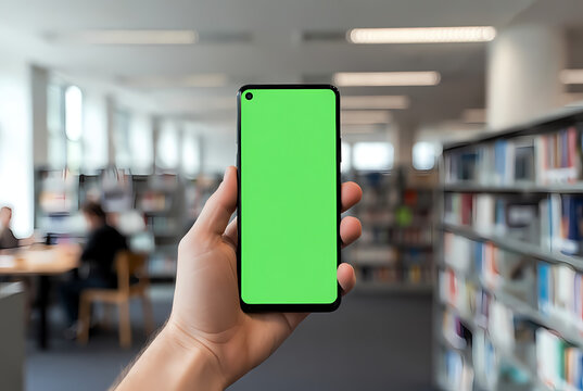 A hand holding a smartphone with a green screen in a library with bookshelves and people studying in the background.