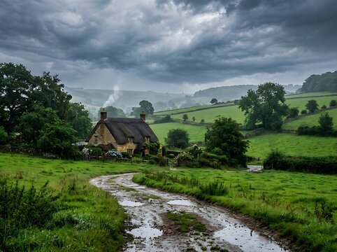 A charming thatchedroof cottage nestled in the rolling green hills of the english countryside under a dramatic, moody, and stormy rainfilled sky