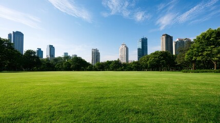Obraz premium Open Green Park with Tall Modern City Skyscrapers Under Blue Sky