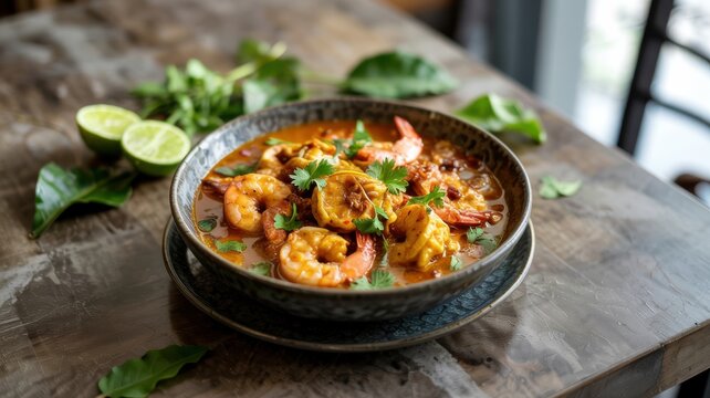 Indonesian cuisine. 
Indonesian curry &mdash; Gulai Udang Pisang- stewed bananas with shrimp meat. Serve the dish hot, garnished with herbs.