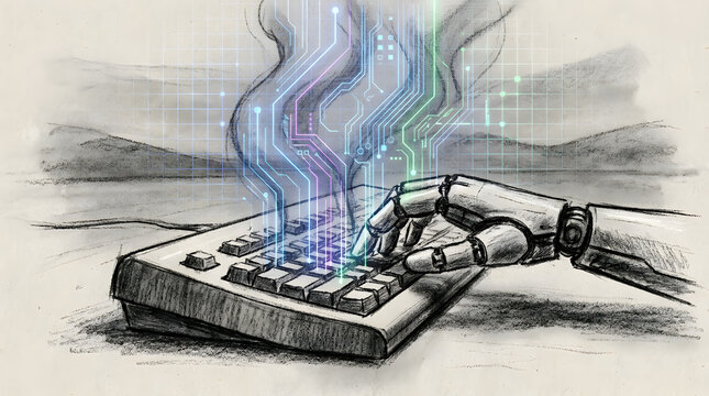 Robot Hand Typing On Keyboard in charcoal sketch and digital painting style, representing autonomous coding agents writing, reviewing, and deploying software code with minimal human input.