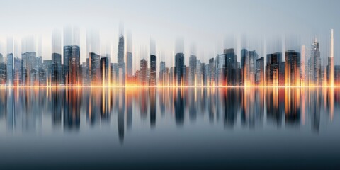 Fototapeta premium Modern city skyline with high-rise buildings and waterfront at sunrise or sunset