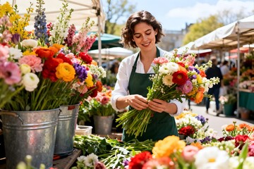 Fototapeta premium A florist arranging freshly harvested bouquets at an outdoor flower market