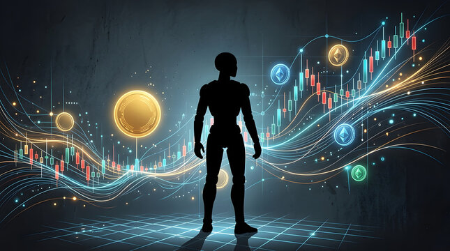 Ai bot trading  in charcoal sketch and digital painting style, representing algorithmic trading, AI financial analysis, stock charts, and autonomous portfolio management.