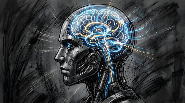 Robot Head With Glowing Pathways in charcoal sketch and digital painting style, representing super AGI consciousness, computational power, and advanced robot head quantum pathways.