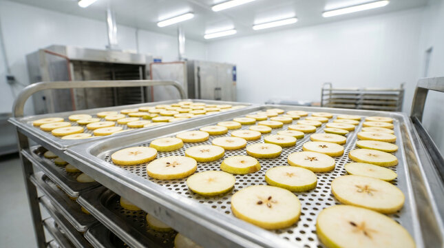 Apple slices on processing trays, seasonal produce, quality inspection