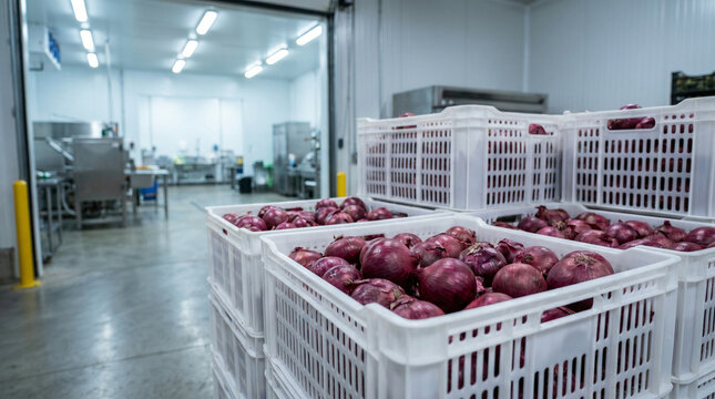 Red onions in storage crates at food processing warehouse