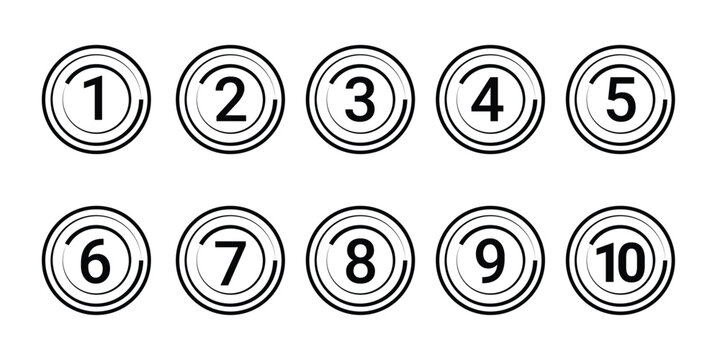Black and white countdown numbers 1 to 10 icon set inside circular frames