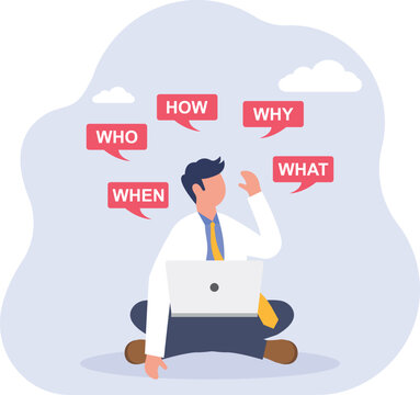 Businessman sitting with question tags