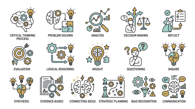 Business Strategy and Thinking Process Icons: Analysis to Communication